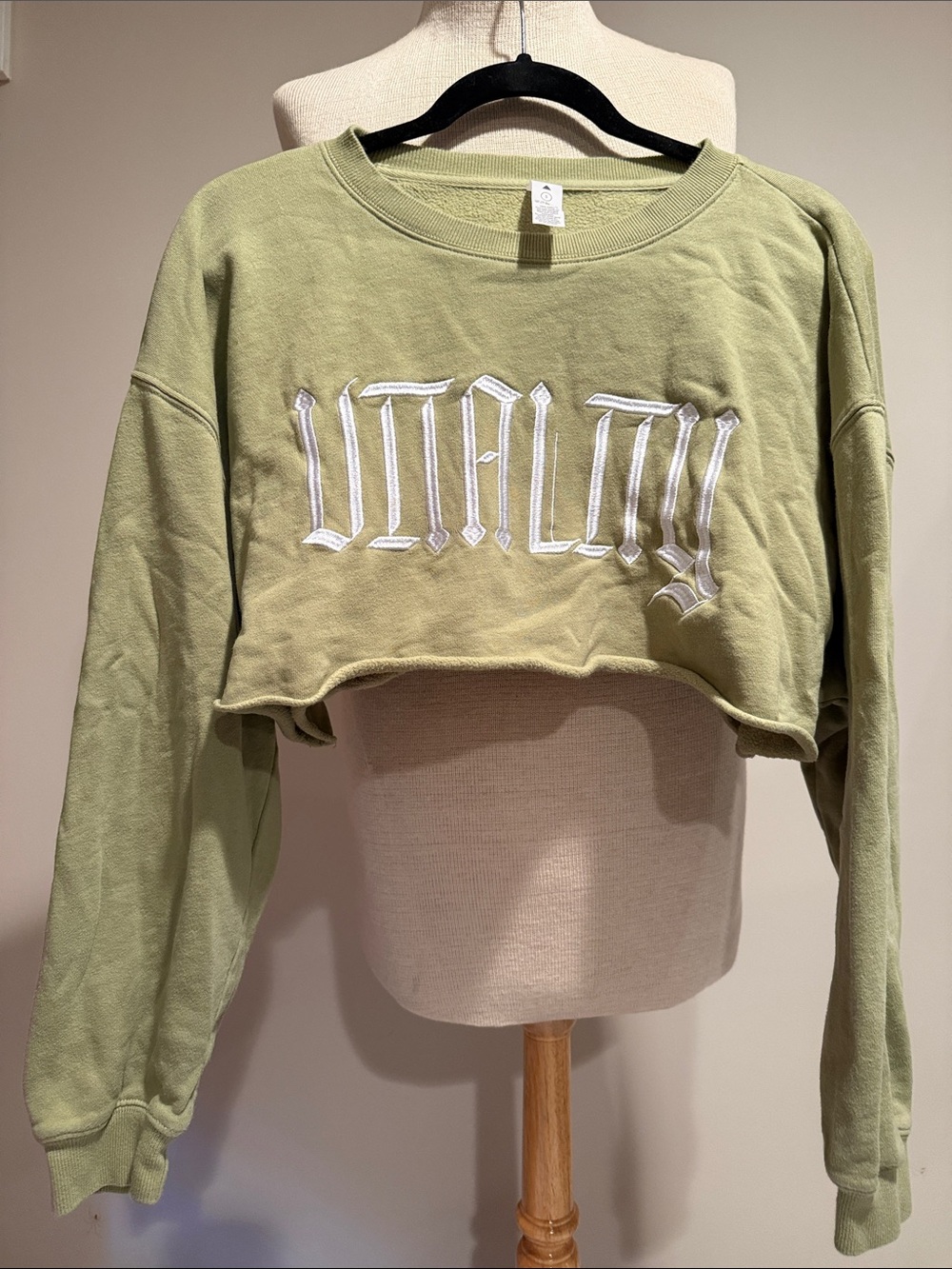 Vitality Cropped Sage Green Sweatshirt with White Embroidered Script